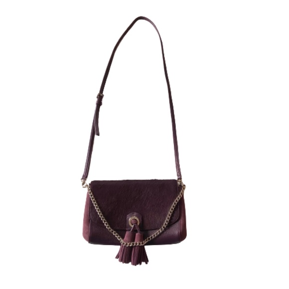 KATE SPADE Burgundy Calf Hair Leather Crossbody with Gold Chain - Picture 1 of 11